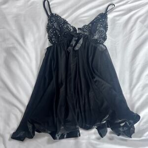 ✨Sexy Black Sheer Lace Babydoll Nightgown Lingerie Set Sequins & Thong Size XL